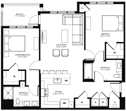 Floor plan for 2 beds, 2 baths, 1177 sqft